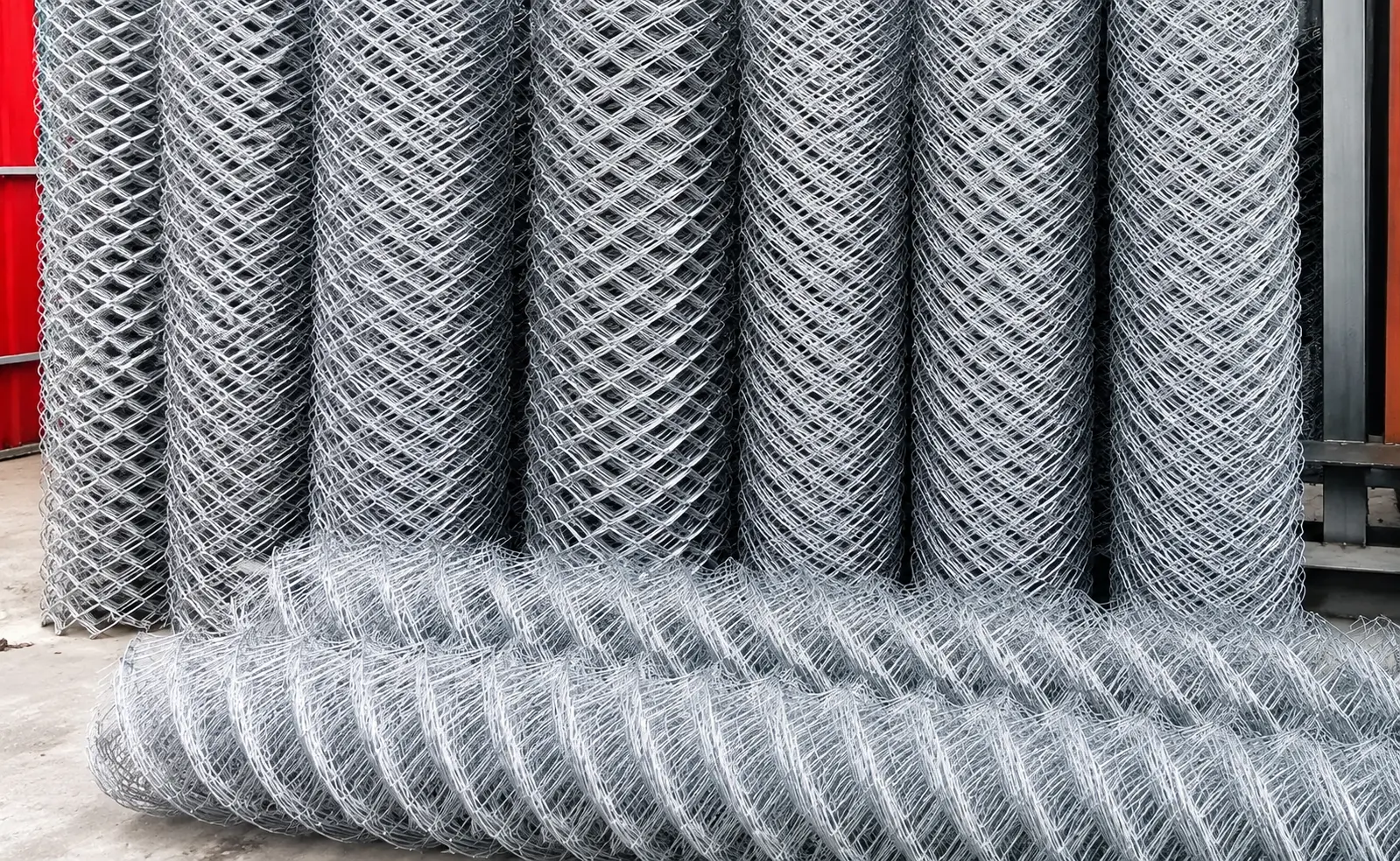 Rollos de malla olímpica galvanizada apilados en el almacén de la fábrica en Arequipa