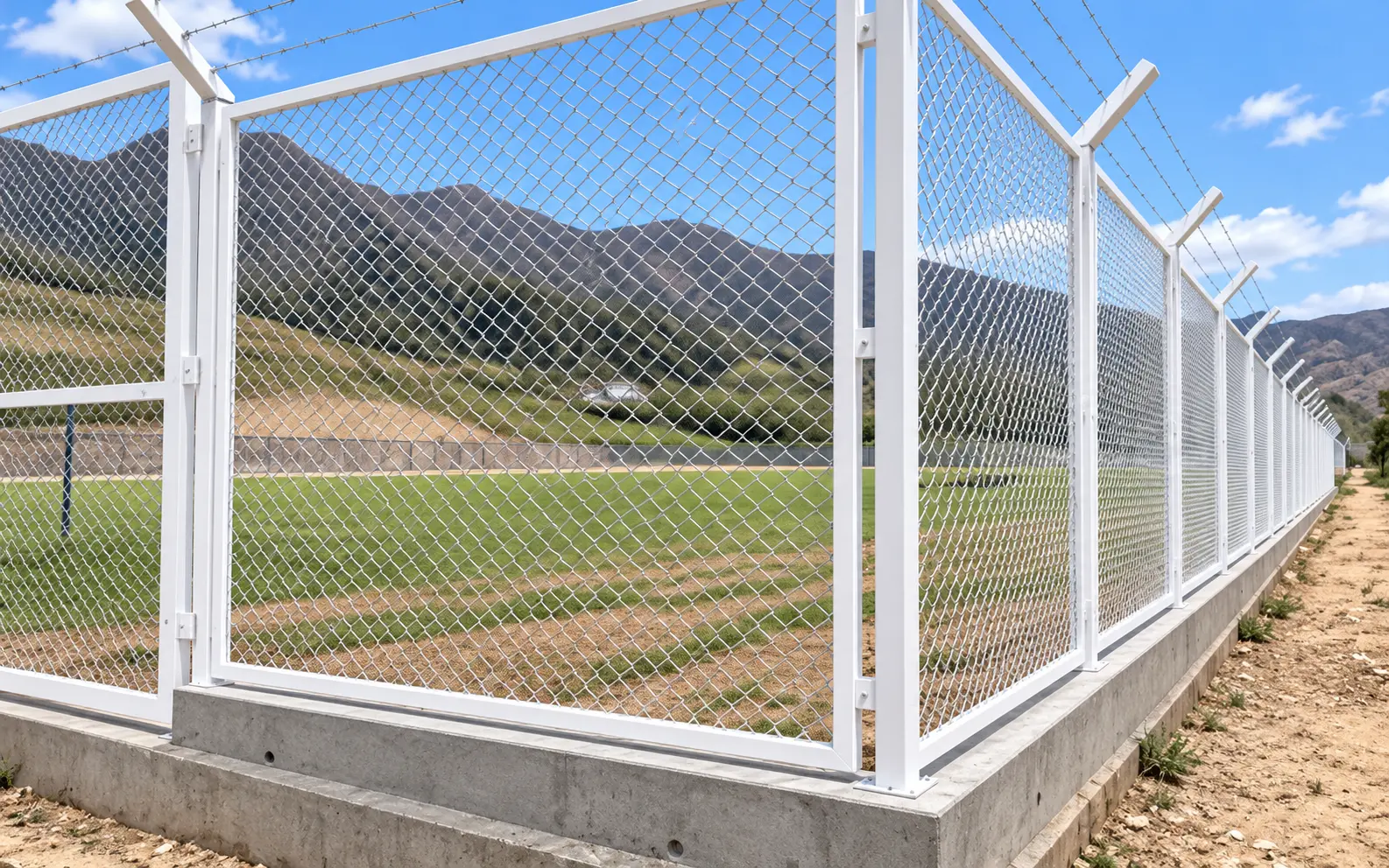 Cerco deportivo de malla olímpica galvanizada con alambre de púas alrededor de una cancha de grass en Arequipa