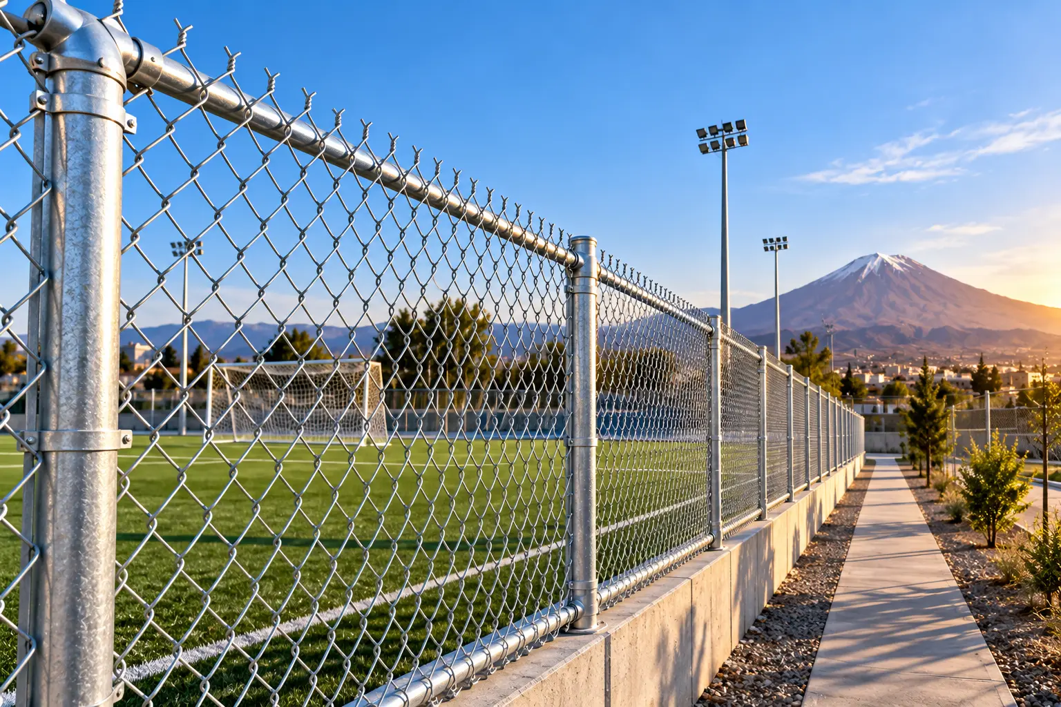 Cerco perimétrico de malla olímpica galvanizada en cancha deportiva, con el volcán Misti al fondo, Arequipa