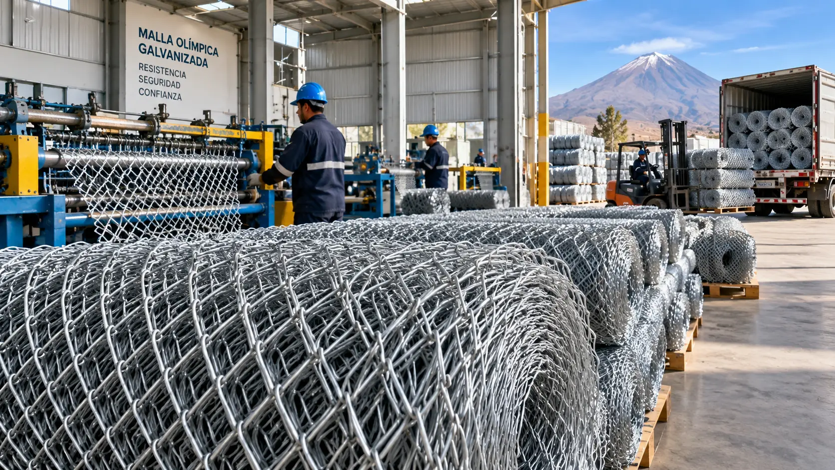 Planta de fabricación de malla olímpica galvanizada en Arequipa: máquina tejedora y operarios